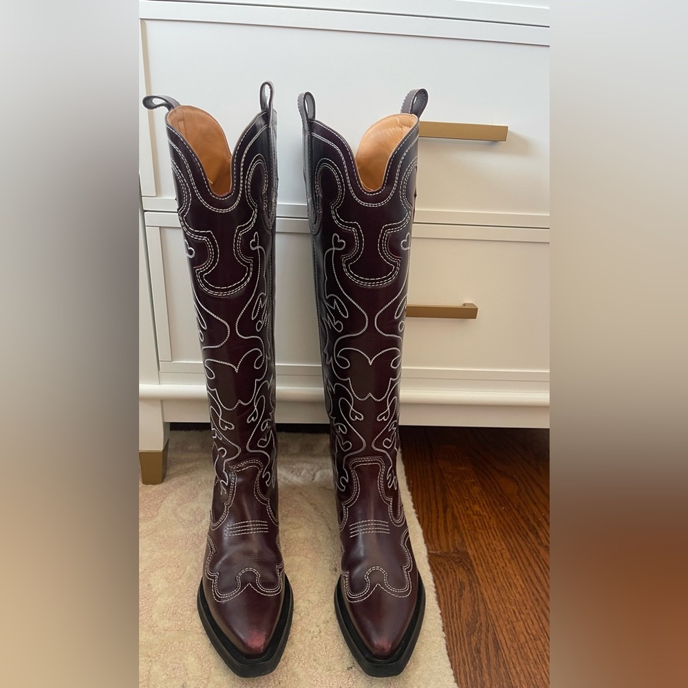 GANNI Tall Burgundy Cowboy Boots
